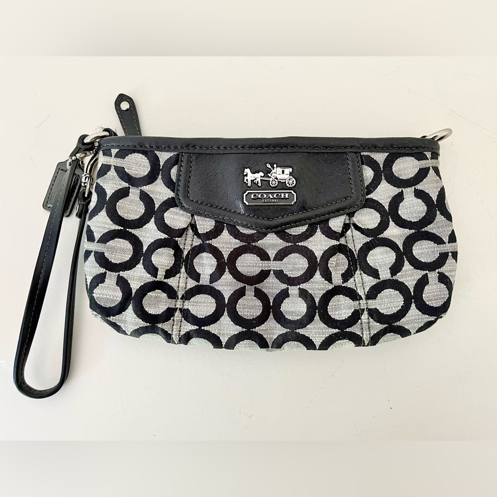 Coach Black and Gray Canvas and Leather Signature Wristlet